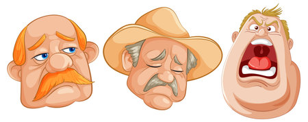 Three cartoon faces showing varied emotionsのイラスト素材