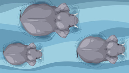 Three hippos floating peacefully in blue waterのイラスト素材