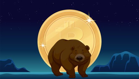 A bear stands before a large Bitcoin coinのイラスト素材