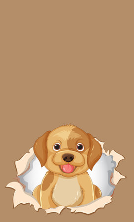 Adorable puppy peeking through torn paper holeのイラスト素材