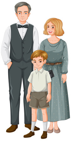 A family of three in vintage attireのイラスト素材
