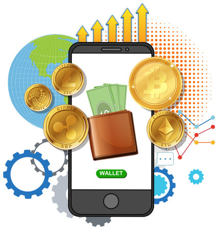 Illustration of mobile wallet with cryptocurrency symbolsのイラスト素材