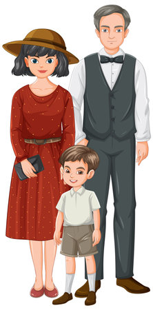 A family dressed in classic vintage attireのイラスト素材