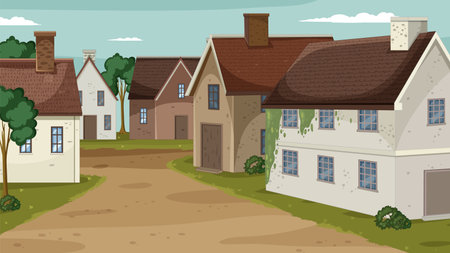 Quaint houses line a peaceful village roadのイラスト素材