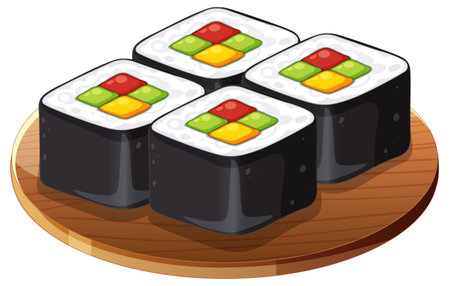 Four sushi rolls with vibrant fillings on a platterのイラスト素材