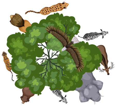 Top view of diverse animals surrounding a treeのイラスト素材