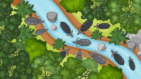 Animals gather by a flowing river in forestのイラスト素材