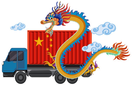A dragon entwines a truck with a shipping containerのイラスト素材