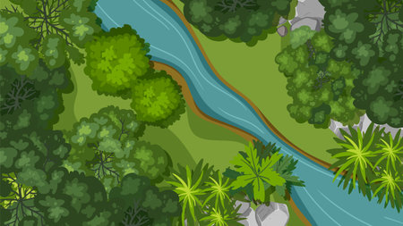 Aerial view of vibrant forest and winding riverのイラスト素材
