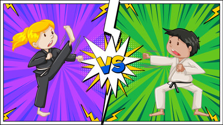 Two kids face off in martial arts battleのイラスト素材