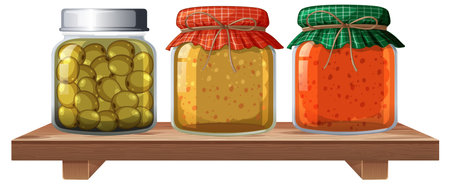 Three jars of preserves on a wooden shelfのイラスト素材