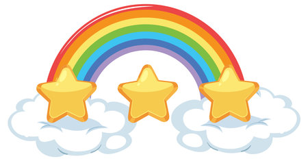 Colorful rainbow with stars and fluffy cloudsのイラスト素材