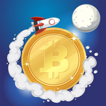 A rocket propels Bitcoin towards the moonのイラスト素材