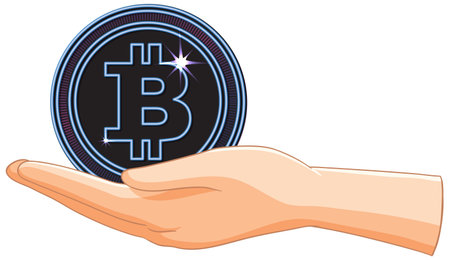 Illustration of a hand holding a Bitcoin coinのイラスト素材