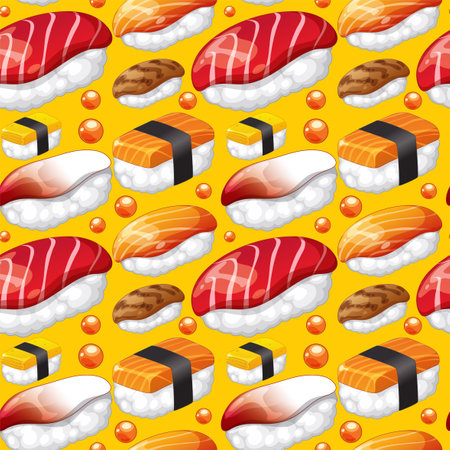 Vibrant sushi pieces on a yellow backgroundのイラスト素材