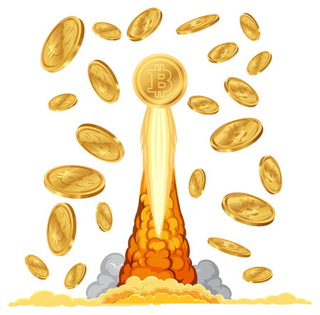 Bitcoin coins soaring like a rocket in spaceのイラスト素材