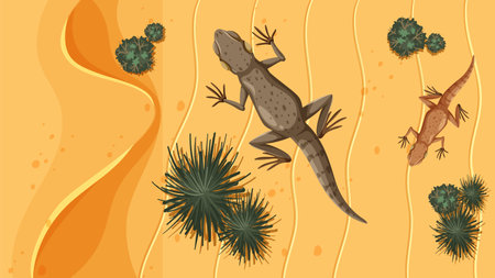 Lizards and plants in a sandy desert landscapeのイラスト素材