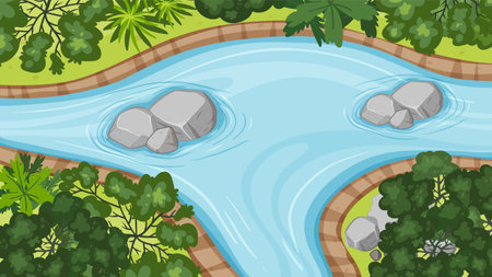 A tranquil river flowing through vibrant green foliageのイラスト素材