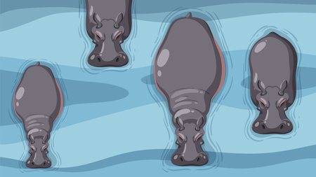 Top view of hippos floating in waterのイラスト素材