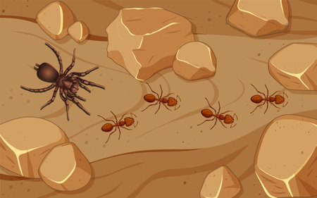Ants and spider navigating through rocky landscapeのイラスト素材
