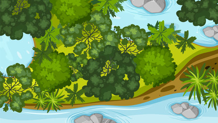 Aerial view of trees and flowing riverのイラスト素材