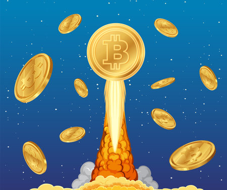 Bitcoin coins soaring into a starry skyのイラスト素材
