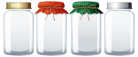 Four jars with colorful, patterned fabric lidsのイラスト素材