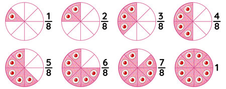 Illustration of fractions using pie chartsのイラスト素材