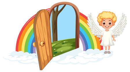 Angel by a door with rainbow and cloudsのイラスト素材