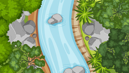A tranquil river surrounded by vibrant green foliageのイラスト素材