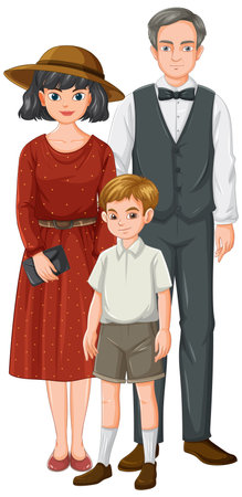 A family of three in vintage attireのイラスト素材
