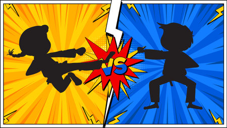 Silhouetted fighters in a vibrant comic styleのイラスト素材