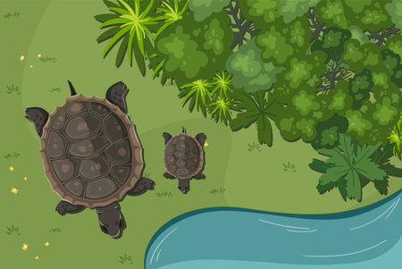 Two turtles near lush greenery and a riverのイラスト素材
