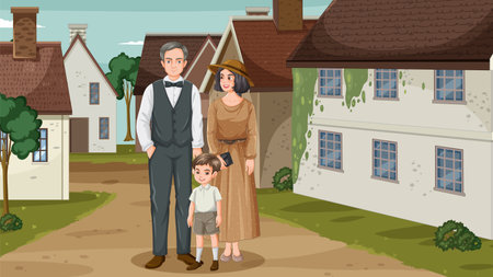 A family stands together in a rural villageのイラスト素材