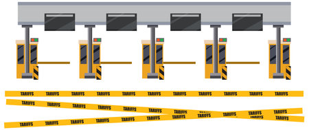 Illustration of toll booths symbolizing trade tariffs