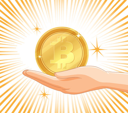 Illustration of a hand presenting a Bitcoin coinのイラスト素材