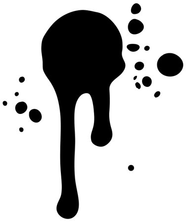 Dynamic black ink splatter illustration with fluid shapes and droplets, perfect for creative design projects and artistic backgroundsのイラスト素材
