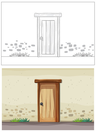 A wooden door with stone wall backgroundのイラスト素材