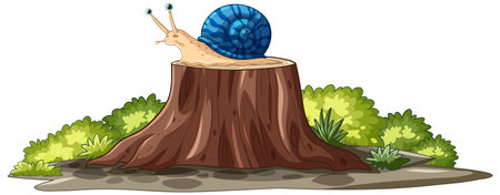 A blue-shelled snail on a tree stumpのイラスト素材