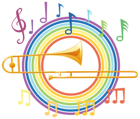 Vibrant trombone illustration with musical notes and rainbowのイラスト素材