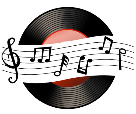 Vinyl record with flowing musical notes illustrationのイラスト素材