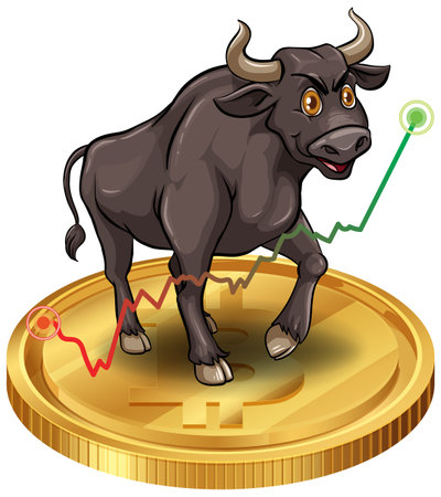 Bull standing on a rising cryptocurrency coinのイラスト素材