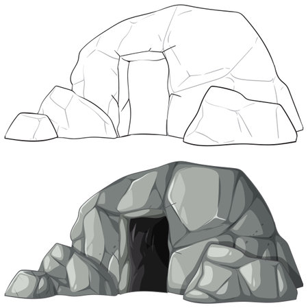 Detailed vector illustration of a rocky cave, showcasing both line art and colored versions. Ideal for educational and creative projectsのイラスト素材