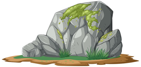 A detailed vector illustration of a moss-covered rock with grass, showcasing natural textures and earthy tonesのイラスト素材