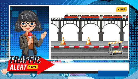 Vector illustration of a live traffic alert featuring a reporter and a train bridge scene with roadblocksのイラスト素材