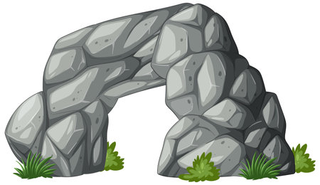 Vector illustration of a stone arch surrounded by green plants, showcasing detailed textures and natural colorsのイラスト素材