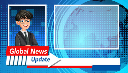 Vector illustration of a news broadcast layout featuring a cartoon anchor, vibrant colors, and a modern digital styleのイラスト素材