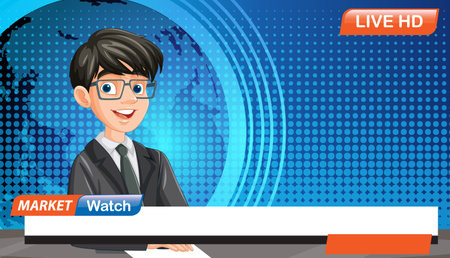 Vector illustration of a cheerful news anchor in a modern studio setting, featuring vibrant colors and dynamic background elementsのイラスト素材