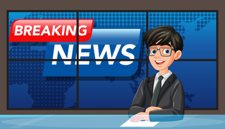 Vector illustration of a news anchor in a studio setting, featuring bold colors and a modern design styleのイラスト素材