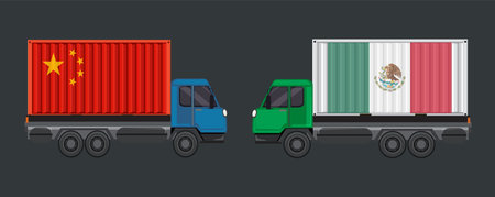 Trucks with China and Mexico flags facing each otherのイラスト素材